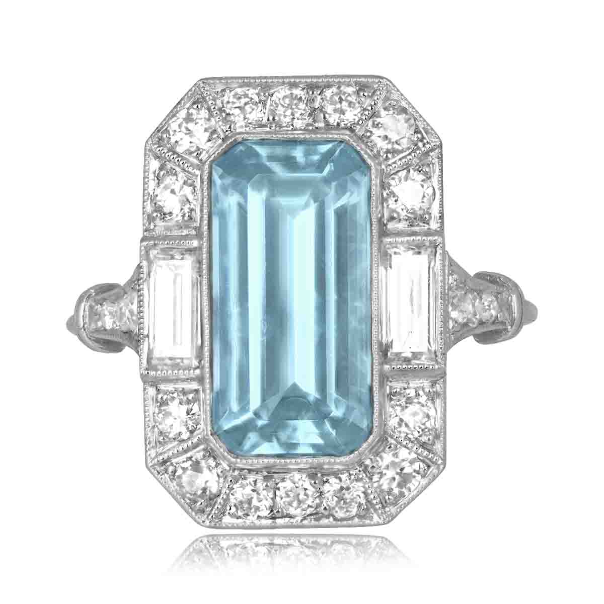Stacked from 36 images. Method=C (S=1) 3.51 carat emerald cut aquamarine center stone with mix shape diamond halo Ventana Ring OCT2515
