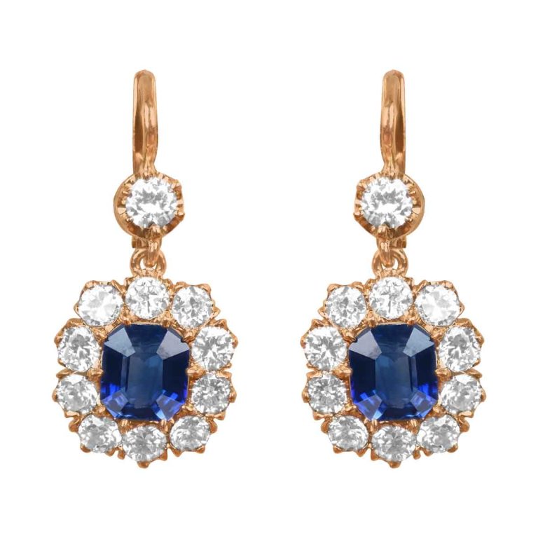 Yellow Gold Sapphire and Diamond Cluster Redland Earrings