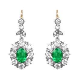 silver on gold center oval cut emerald stones with diamond cluster Allenton Earrings OCT2545