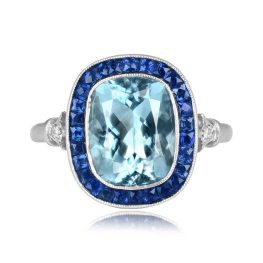 center cushion cut aquamarine with sapphire halo Cortos Ring 16027 top view photo