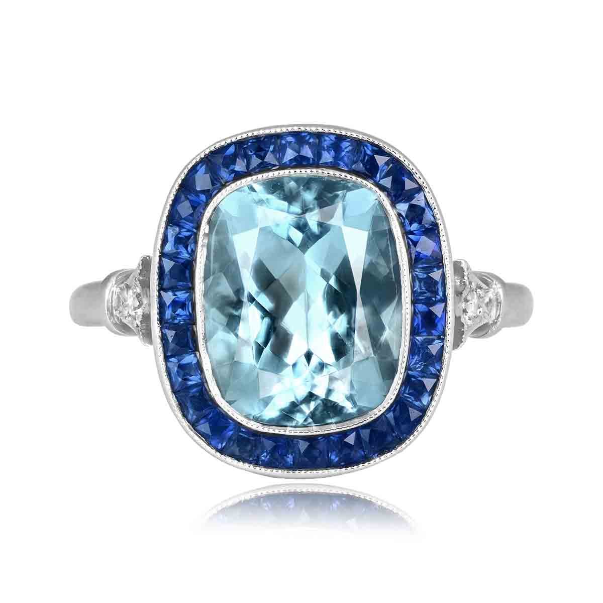 Stacked from 35 images. Method=C (S=1) center cushion cut aquamarine with sapphire halo Cortos Ring 16027 top view photo