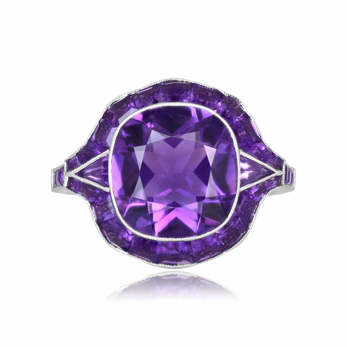 Stacked from 17 images. Method=C (S=1) center cushion cut amethyst with amethyst halo platinum Valsain Ring 16090 top view photo