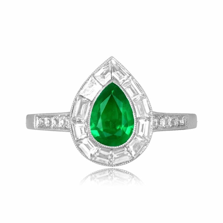 Pear Shape Emerald and Diamond Halo Alvide Ring