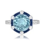 center 2.33 carat round aquamarine center stone with sapphire and diamond halo Portela Ring 16134