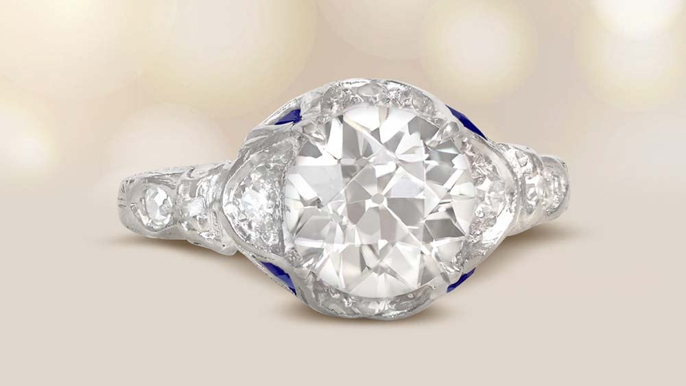 Art Deco 1925 old European cut diamond ring with sapphires and extra diamonds