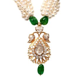 diamond, pearl and emerald intricate necklace design Vasto Necklace 16081 close up top view photo