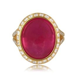 19.06 carat cabochon rubellite center stone with diamond halo Torretta Ring JG205