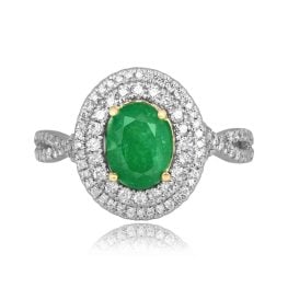center 1.00 carat oval emerald stone with double diamond halo Terrati Ring RKK3510431