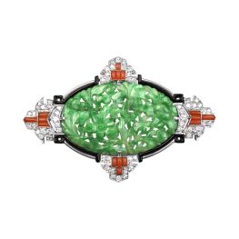 Art Deco jade, coral and diamond Sorbas Brooch 16093 TV