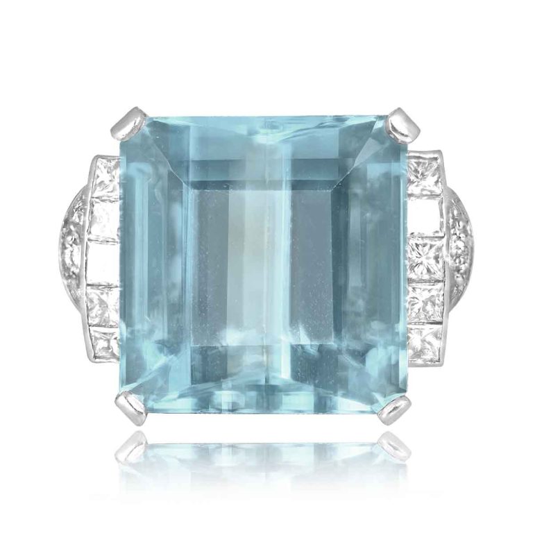Vintage 18ct Emerald Cut Aquamarine and Diamond Ariza Ring, Circa 1970