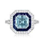 1.23 carat asscher cut aquamarine platinum double halo Livata Ring 16158 TV