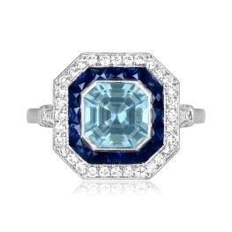 1.23 carat asscher cut aquamarine platinum double halo Livata Ring 16158 TV