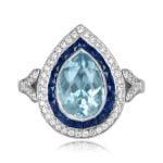 1.84ct pear shaped aquamarine platinum and gold halo Frasso Ring 16160 TV