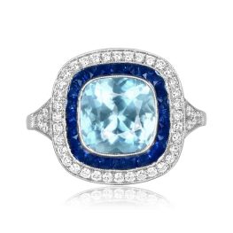 2.01 carat cushion cut aquamarine platinum and gold halo Martano Ring & Pendant 16162 TV
