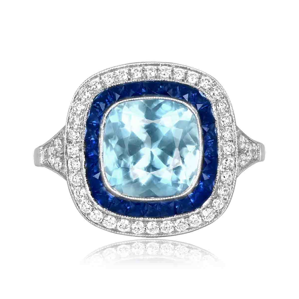 Stacked from 31 images. Method=C (S=1) 2.01 carat cushion cut aquamarine platinum and gold halo Martano Ring & Pendant 16162 TV