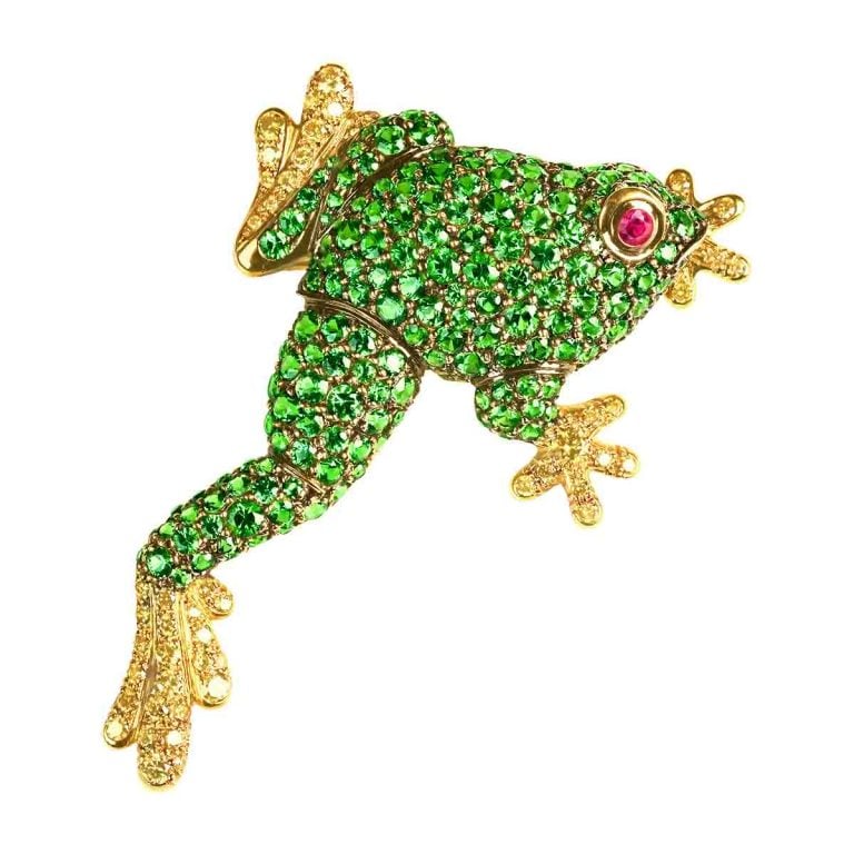 Vintage Tsavorite, Yellow Diamond and Ruby Frog Arizona Brooch