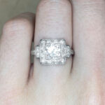 Front Finger View 1.10 carat Diamond with Geometric Diamond Halo f2 16199