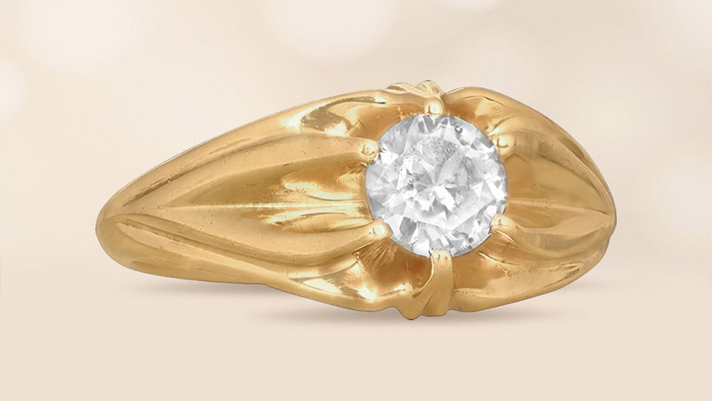 Victorian era diamond ring with multiple split shanks on 14k yellow gold