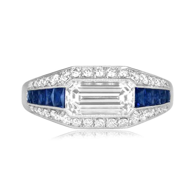 1.16ct Emerald Cut Diamond and Sapphire Hazen Ring