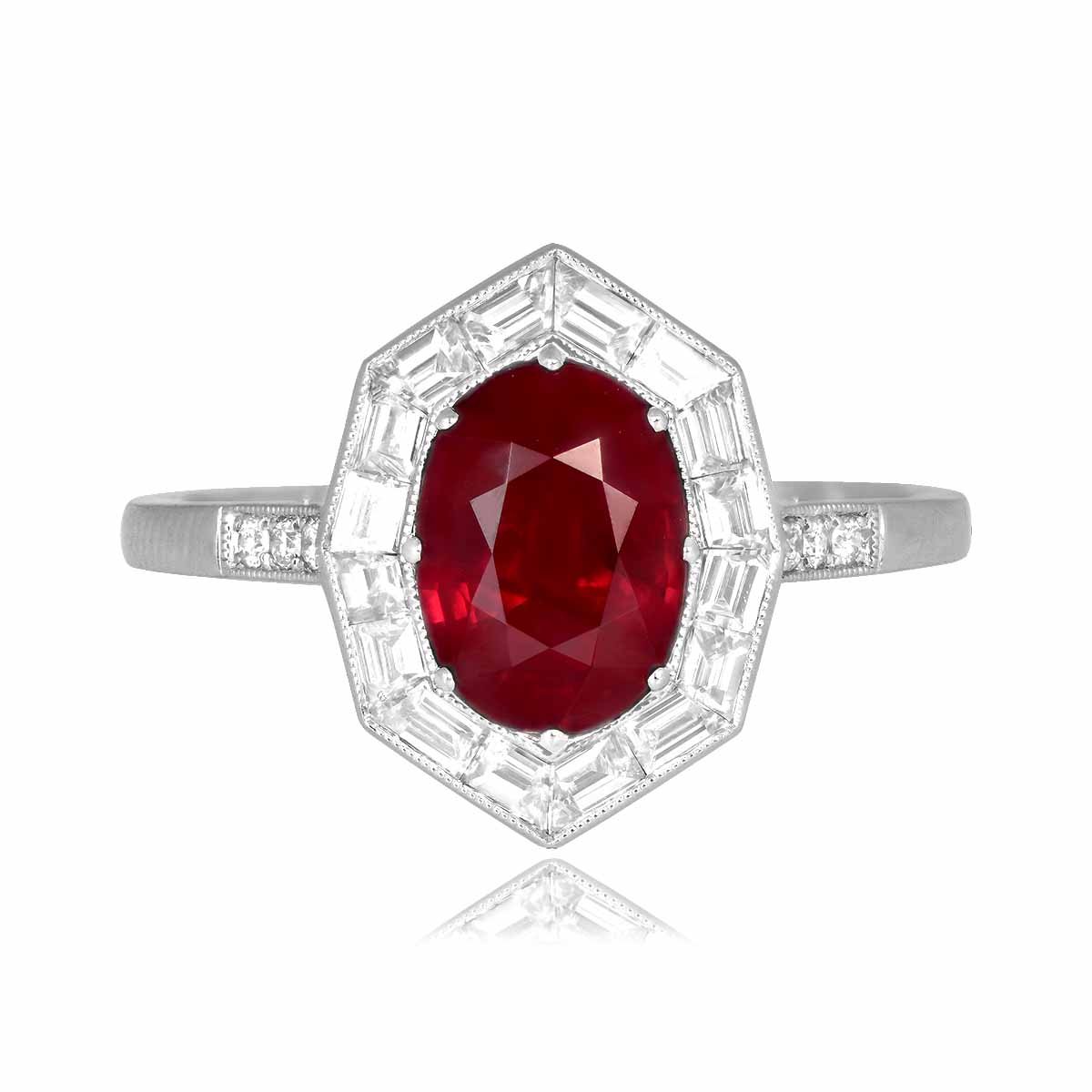 Stacked from 30 images. Method=C (S=1) 1.93ct oval cut Burma ruby platinum diamond halo Harleston Ring ASS150 TV