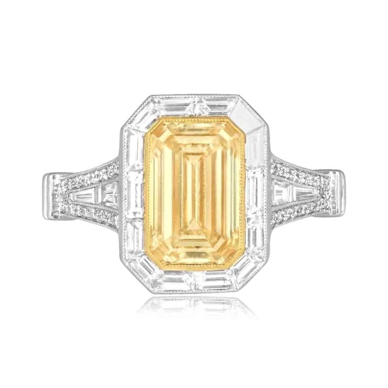 2.00ct Light Yellow Emerald Cut Diamond Halo Parkland Ring