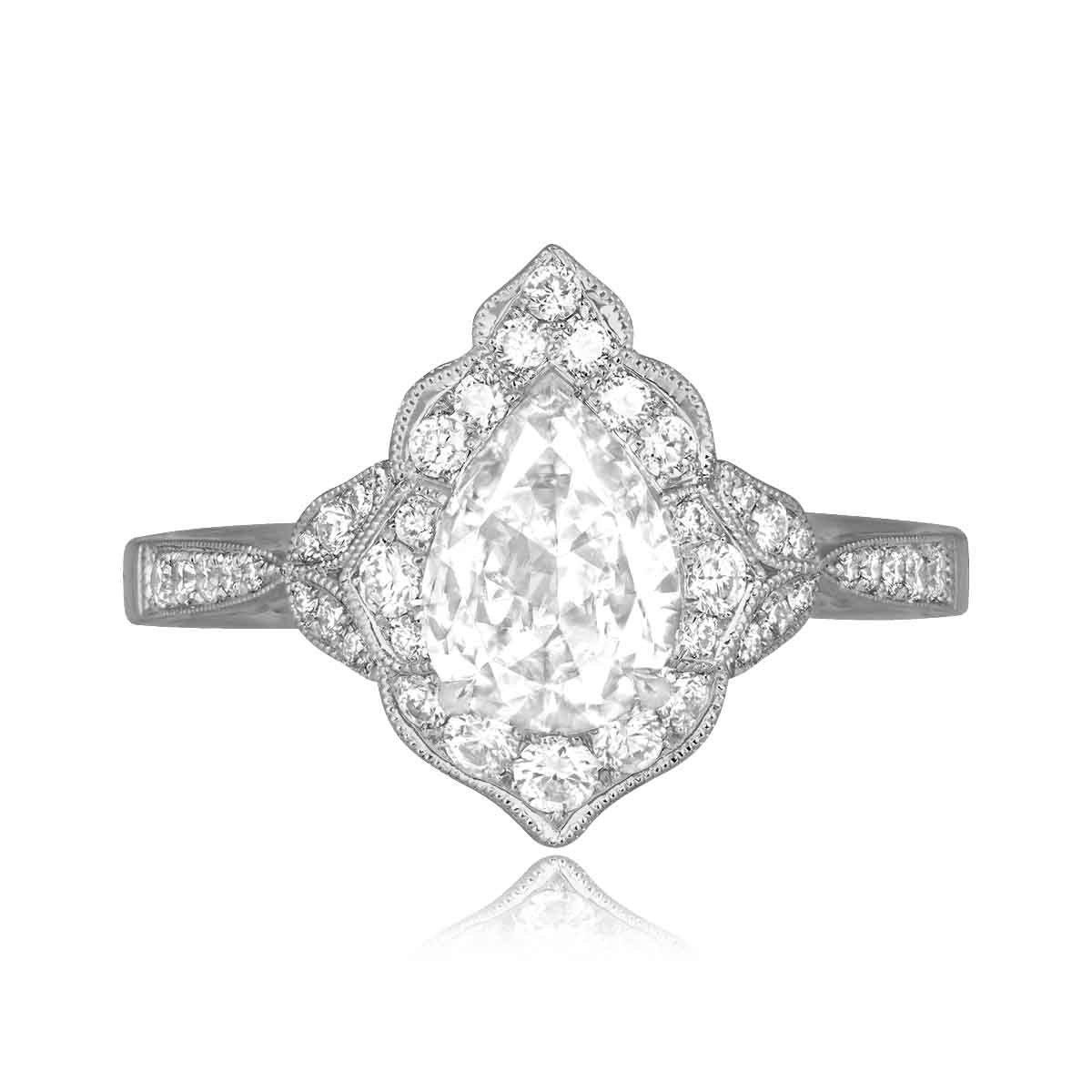 Stacked from 34 images. Method=C (S=1) 0.72 carat pear shaped diamond platinum floral halo Laneheart Ring ASS186 TV