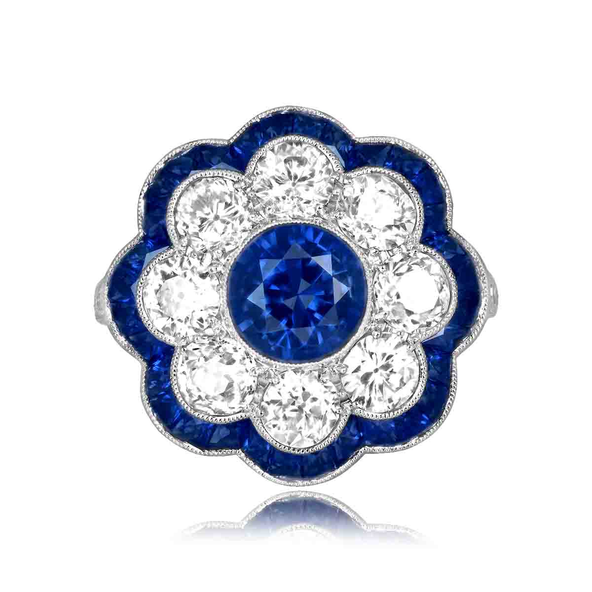 Stacked from 25 images. Method=C (S=1) 1.72ct round cut sapphire platinum floral Weston Ring ASS225 TV