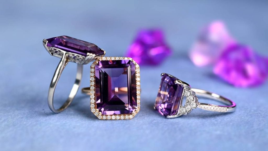 Three Large Amethyst Emerald Cut Rings