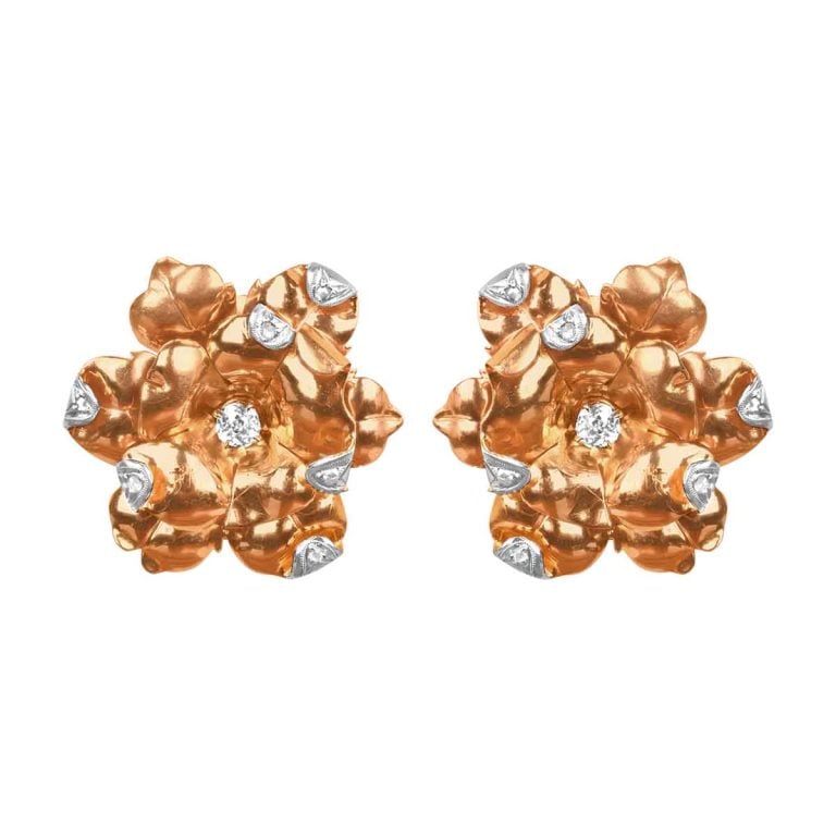 Retro Era Floral Rose Gold and Diamond Kinsley Earrings, Circa 1945