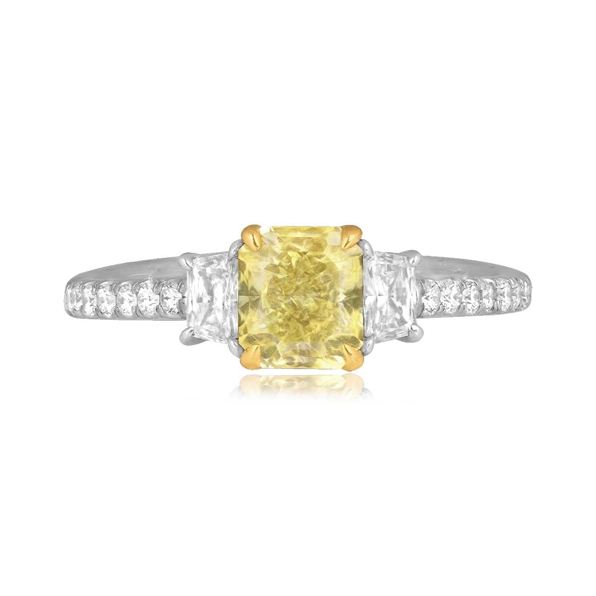 Stacked from 34 images. Method=C (S=1) 1.41 carat radiant cut fancy intense yellow diamond platinum Lanfair Ring J224 TV