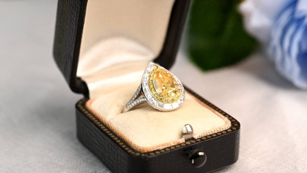 Pear Shape Fancy Yellow Diamond Double Halo Ring