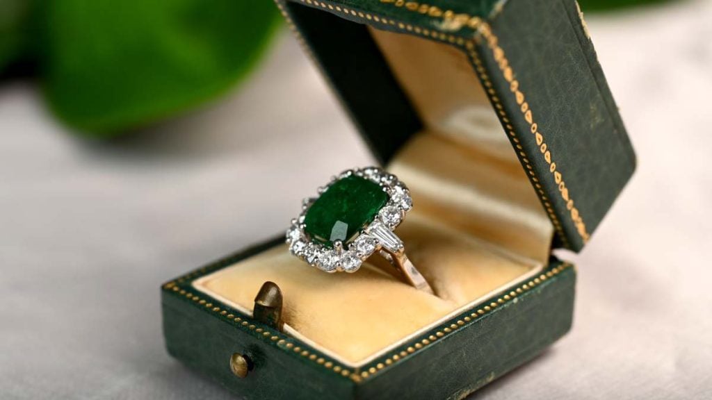 Rare no oil Colombian emerald halo ring