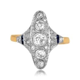 Edwardian era elongated diamond and sapphire platinum on gold Centennial Ring 16312 TV