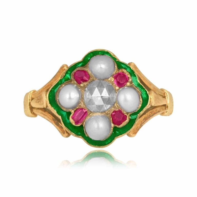 Georgian Pearl, Diamond and Ruby Tulare Ring, Circa 1810