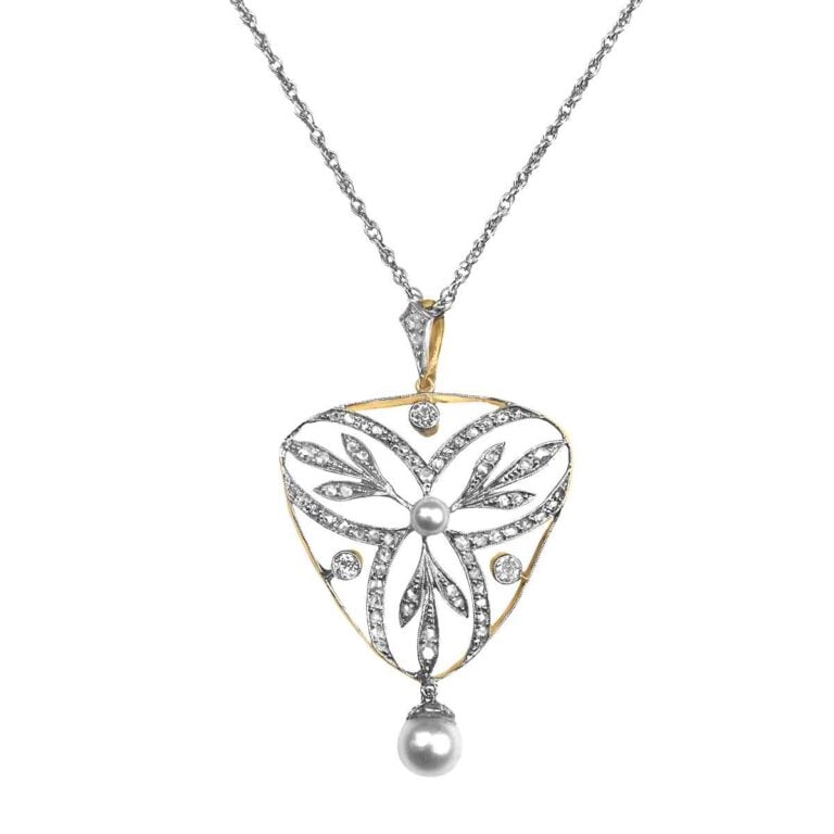 Edwardian Era Diamond and Pearl Cedaredge Pendant, Circa 1910