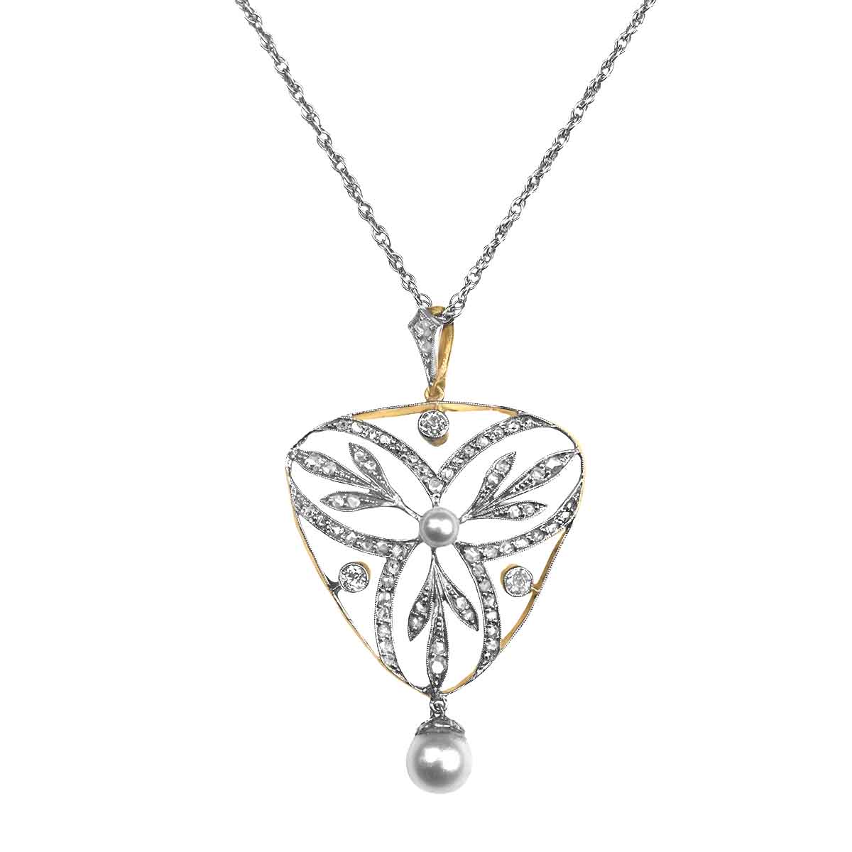 Stacked from 2 images. Method=C (S=1) Edwardian era old European and rose cut diamonds and pearl Cedaredge Pendant MD600 TV