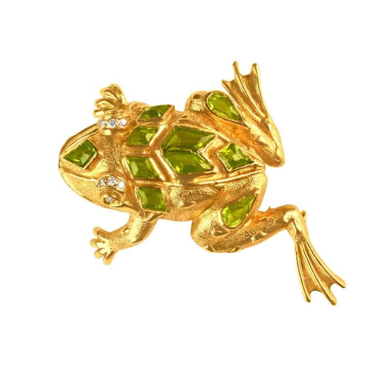 Vintage Peridot and Diamond Frog Durango Brooch, Circa 1970