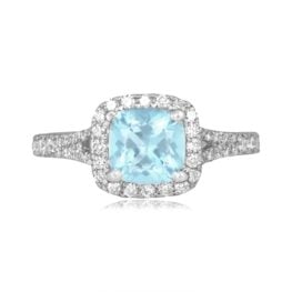 1.06 carat cushion cut aquamarine white gold diamond halo Wartrace Ring 16362 TV