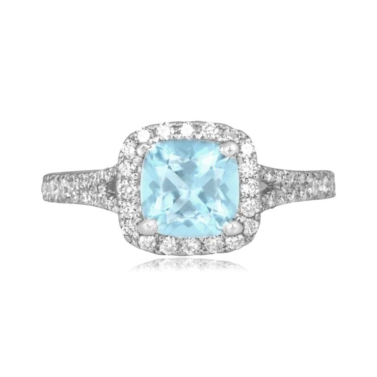 1.06ct Cushion Cut Aquamarine and Diamond Wartrace Ring