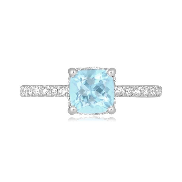 0.91ct Cushion Cut Aquamarine and Diamond Cobhill Ring