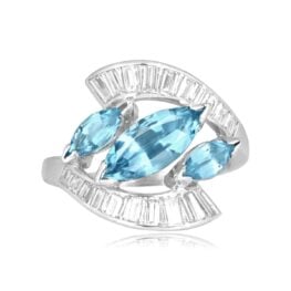 vintage three-stone aquamarine and diamond platinum Beechville Ring 16369 TV