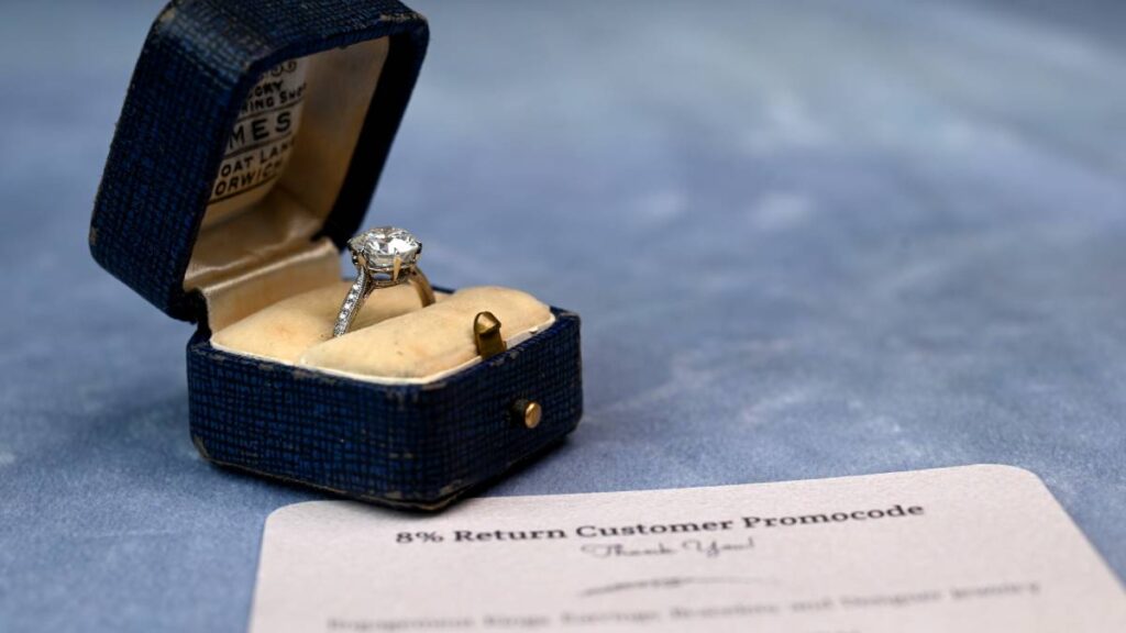 Antique Diamond Engagement Ring with Business Card of Promo Code