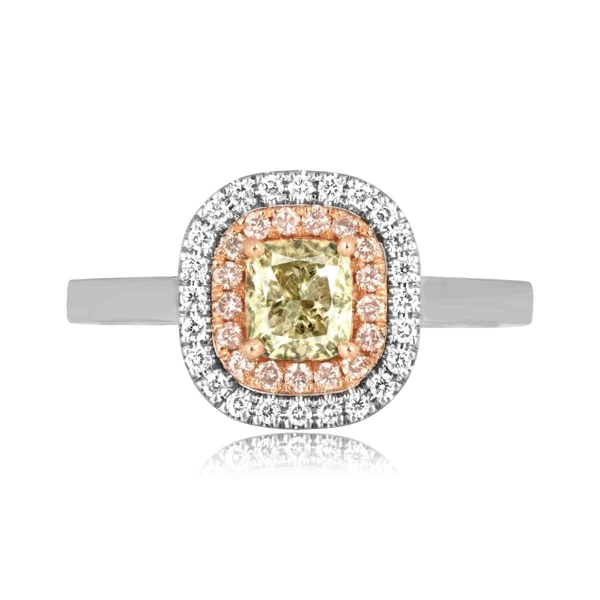 Stacked from 37 images. Method=C (S=1) 0.73 carat fancy light green yellow cushion cut diamond Inola Ring DYL11671 TV
