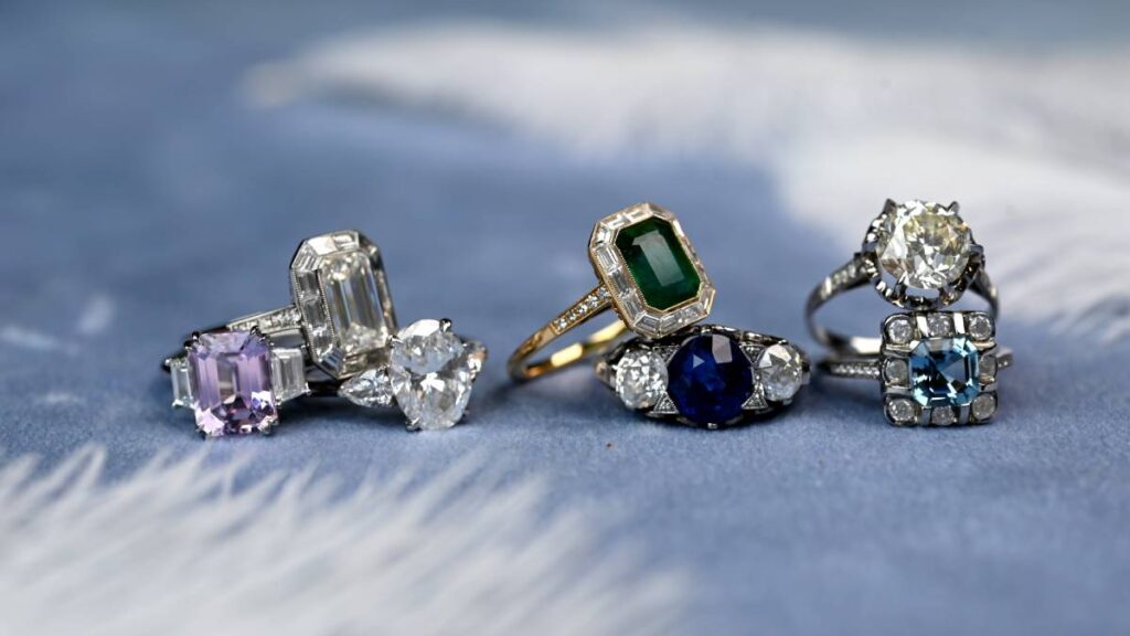 Different Gemstone engagement rings at Estate Diamond Jewelry