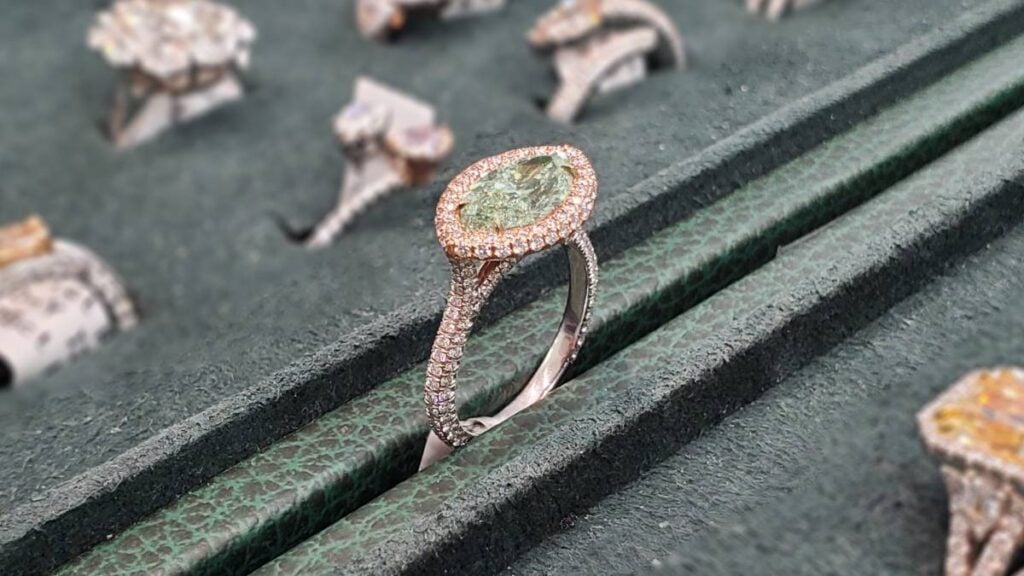 Rare Marquise Shape Fancy Green Diamond Halo Ring