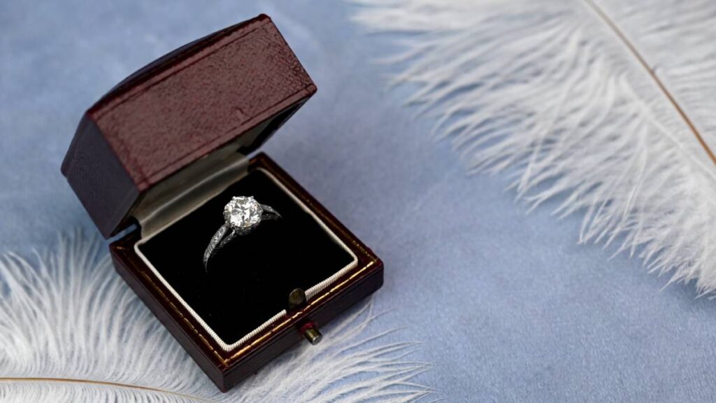 Top View of Diamond Platinum Engagement Ring in Box with Feathers