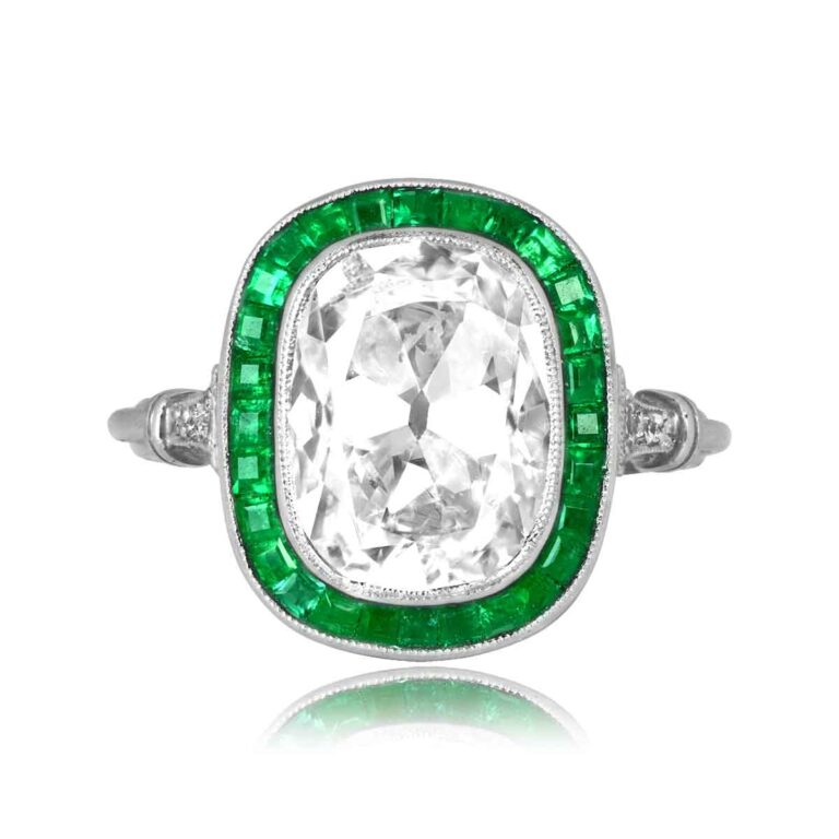 4.38ct Cushion Cut Diamond and Emerald Bylas Ring