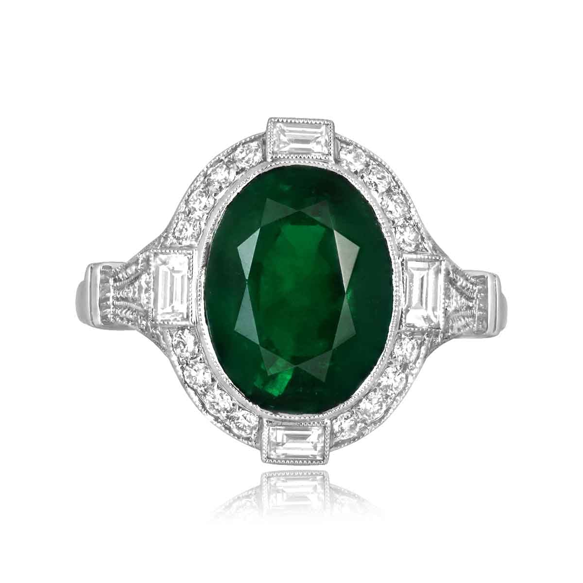 Stacked from 37 images. Method=C (S=1) 3.53 carat oval cut emerald platinum halo Tallassee Ring 16390 TV