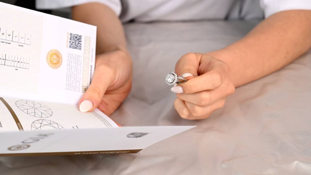 Diamond engagement Ring in Model hand with GIA Certificate