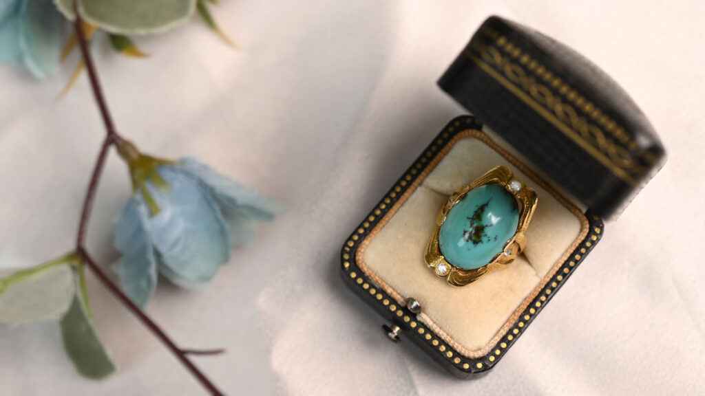 Gold Turquoise Ring in Box with Flowers